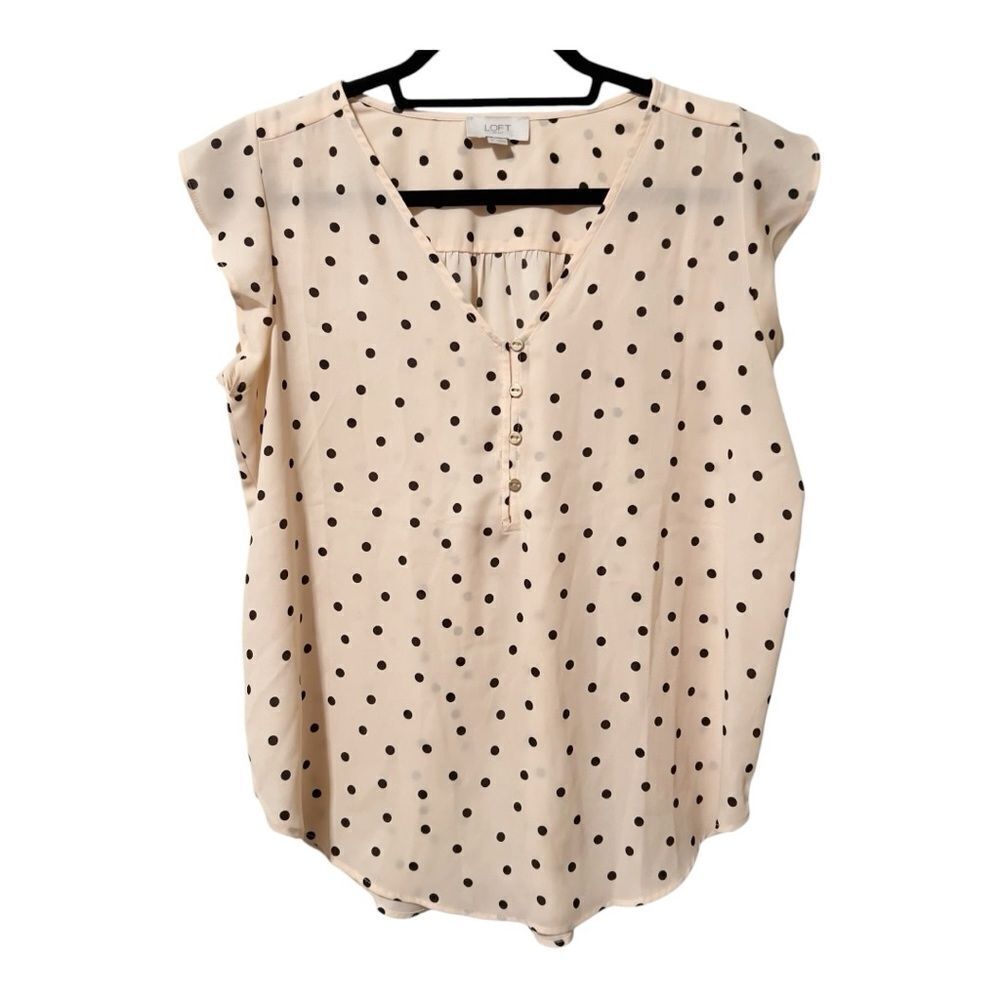 Loft Womens V Neck Cap Ruffle Sleeve Pink Polkadot‎ Sheer Blouse Size Medium